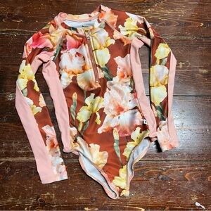 Molo girls floral swimsuit size 6 pink brown gold
